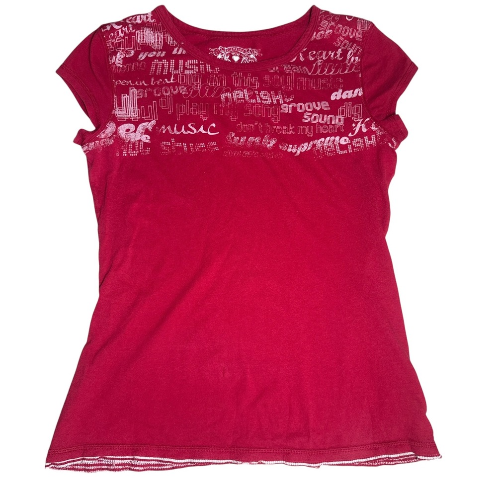 Ellemenno Music Graphic Baby Tee Cap Sleeve Y2K Red Size Large 2000s grunge